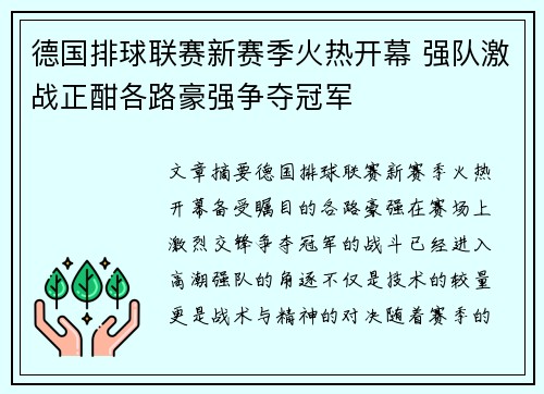 德国排球联赛新赛季火热开幕 强队激战正酣各路豪强争夺冠军