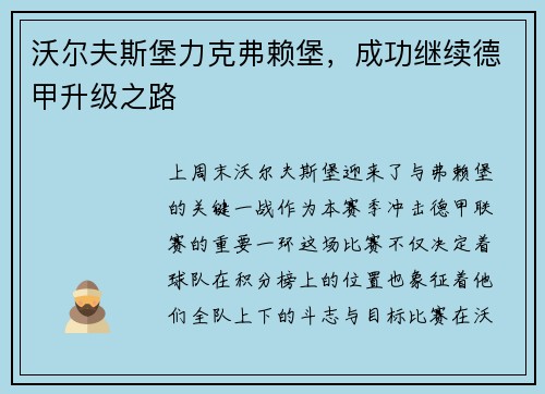 沃尔夫斯堡力克弗赖堡，成功继续德甲升级之路