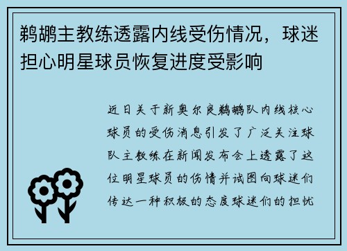 鹈鹕主教练透露内线受伤情况，球迷担心明星球员恢复进度受影响