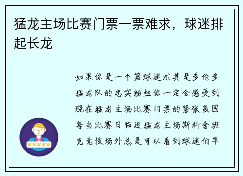 猛龙主场比赛门票一票难求，球迷排起长龙